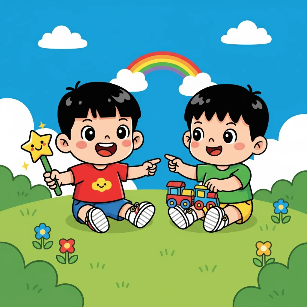小明的好朋友小明愿意把他的新玩具借给他玩，他俩一起玩耍，分享玩具的乐趣，天空也变得格外蔚蓝，一切都那么美好。
