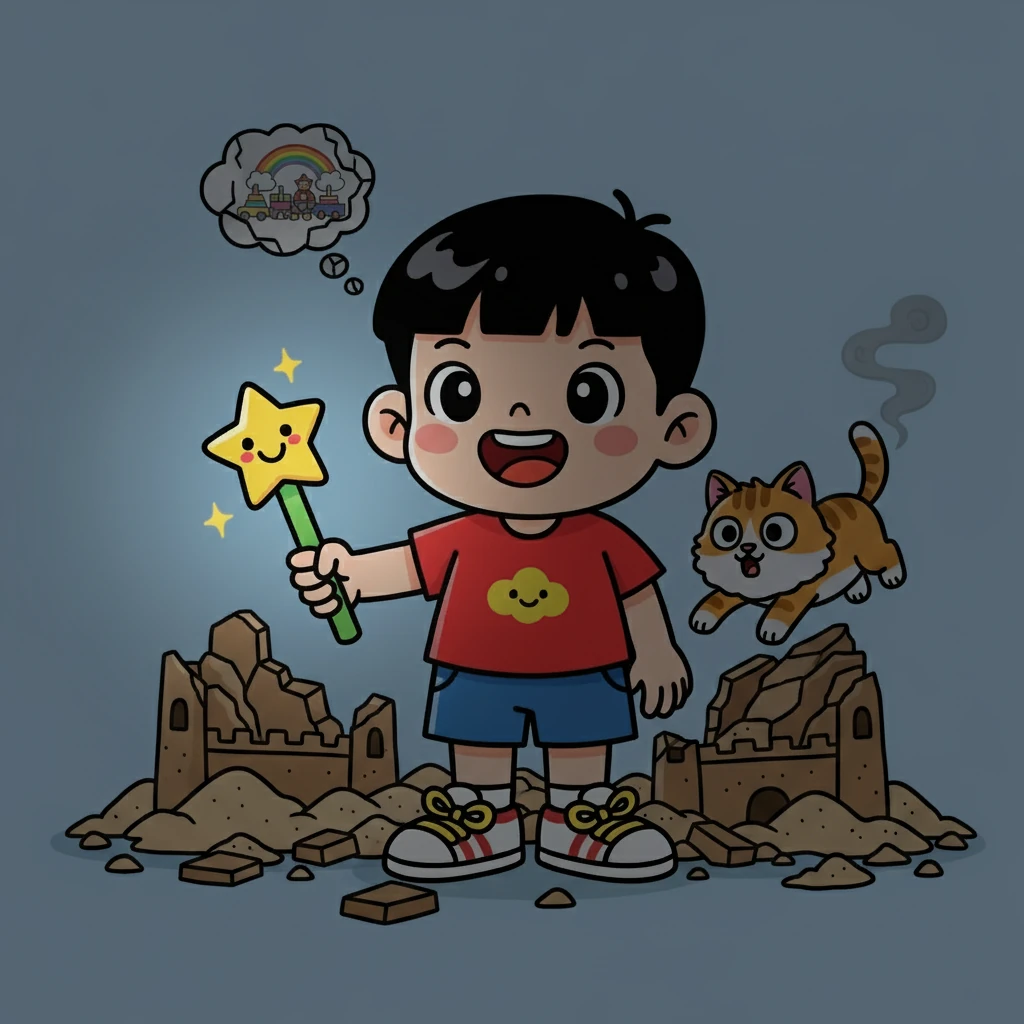 突然，小猫“喵”的一声跳上来，哗啦一下，小明的城堡就变成了一堆废墟。小明的小太阳“噗”地一下就熄灭了，他的世界仿佛陷入了黑暗。