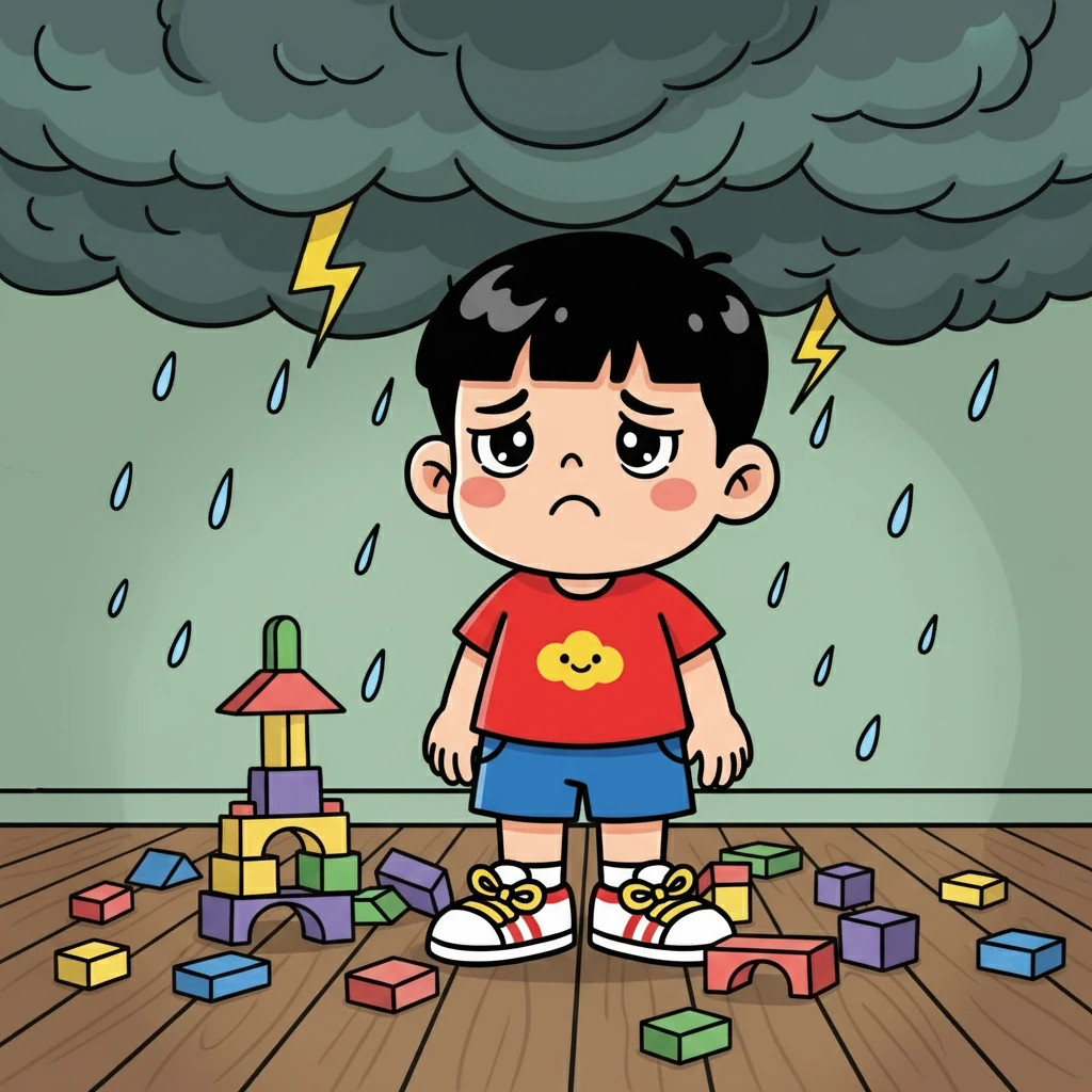 乌云飘到了小明的头顶，他感觉马上就要打雷下暴雨。他觉得小猫是世界上最坏的坏蛋，积木是故意跟他作对，空气也变得闷闷的。