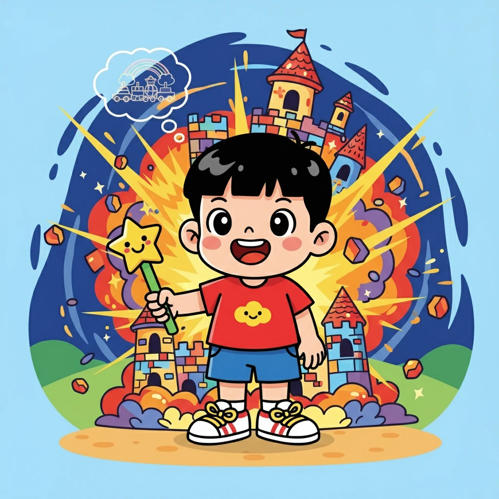 小明开始尝试用“一念”魔法。他想象着城堡倒塌的壮观景象，觉得像电影里的爆炸场面，太酷了！