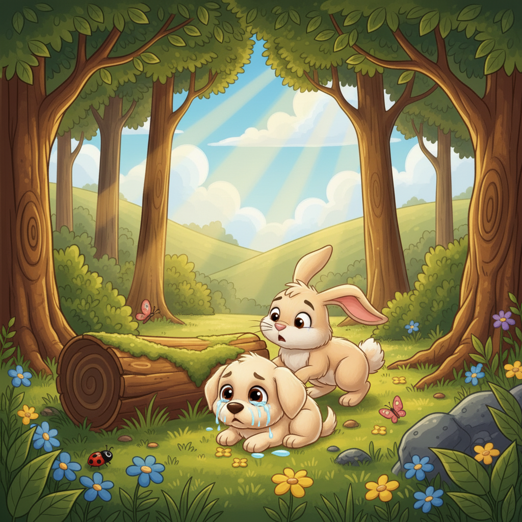 Кенеттен, Көжек шөптердің арасынан жылап жатқан күшікті көрді. Күшіктің көзі жасқа толы еді. Көжек күшікке жақындап, оның не болғанын сұрады.