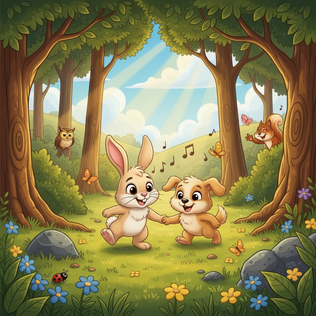 Екеуі бірге Күшіктің үйін іздеуге шықты. Олар ағаштардың арасымен жүріп, әр түрлі жануарлармен кездесті. Олар бірге ән айтып, көңіл көтерді.