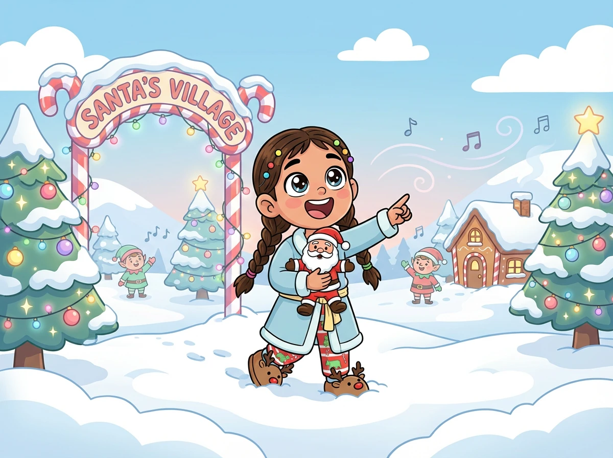 Suddenly, Alexandra found herself in a snowy wonderland! Sparkling lights twinkled everywhere, and cheerful music filled the air. It was Santa's Village!