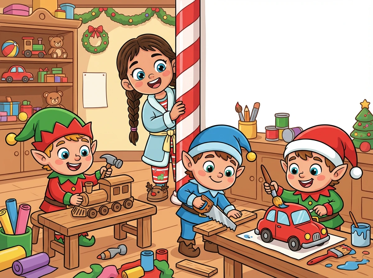 She spotted a group of elves busily working in Santa's workshop. They were hammering, sawing, and painting toys with joyful smiles.