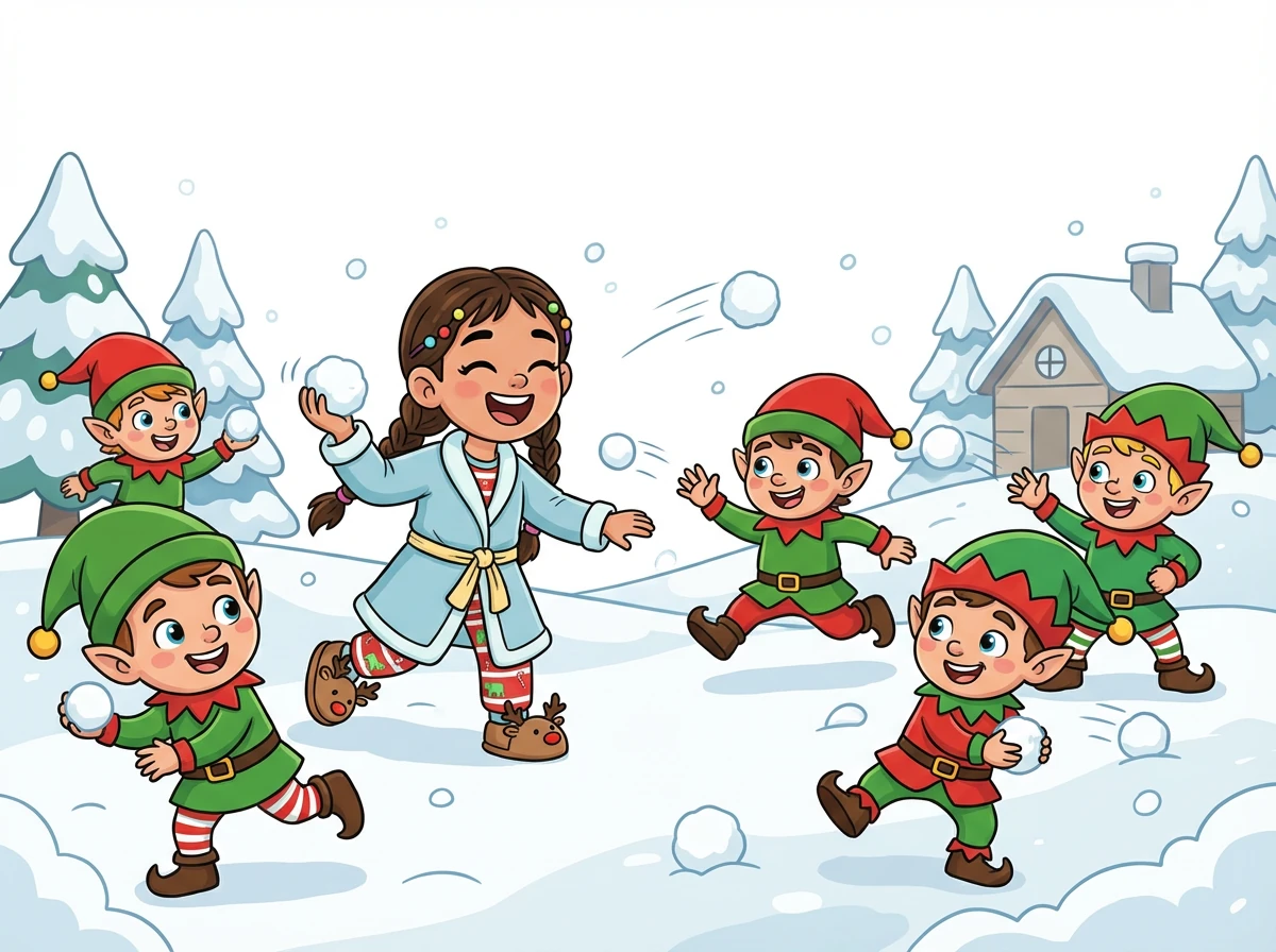 Alexandra and the elves laughed and threw snowballs at each other. The air was filled with fluffy white snow and happy shrieks.