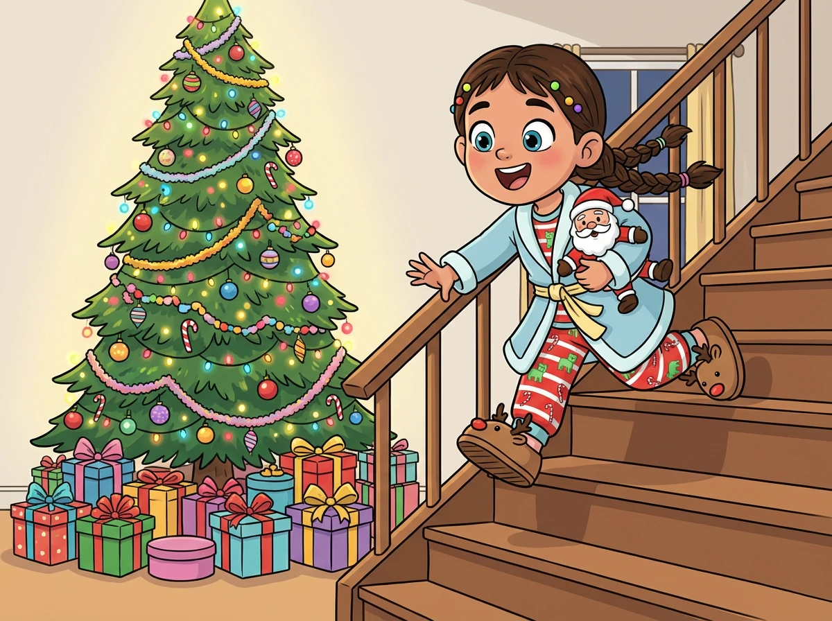 Alexandra woke up with a start and rushed downstairs. There, under the brightly lit Christmas tree, were piles and piles of presents!