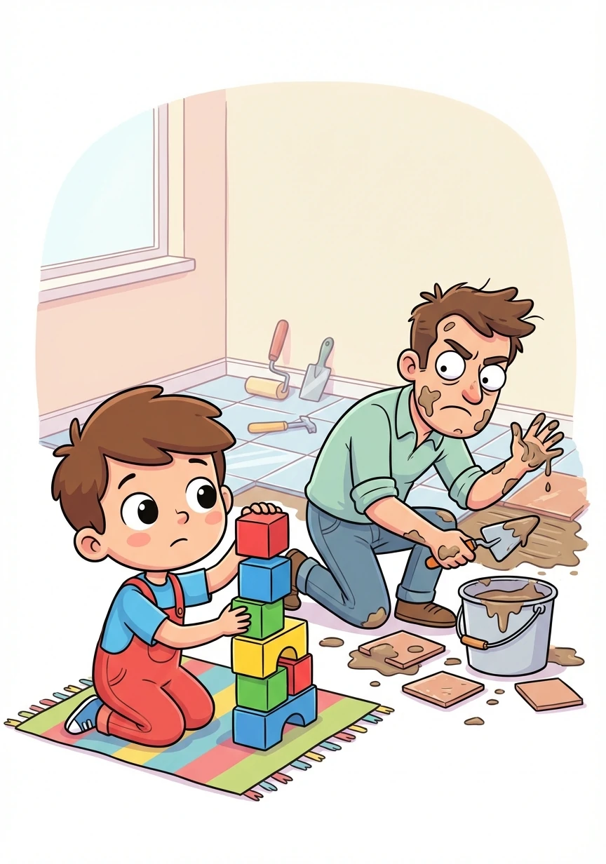 Tommy Tiler, a bright and curious boy, loved building things with his toy blocks. He noticed his dad struggling with messy, slow-drying tile adhesive during a home renovation.