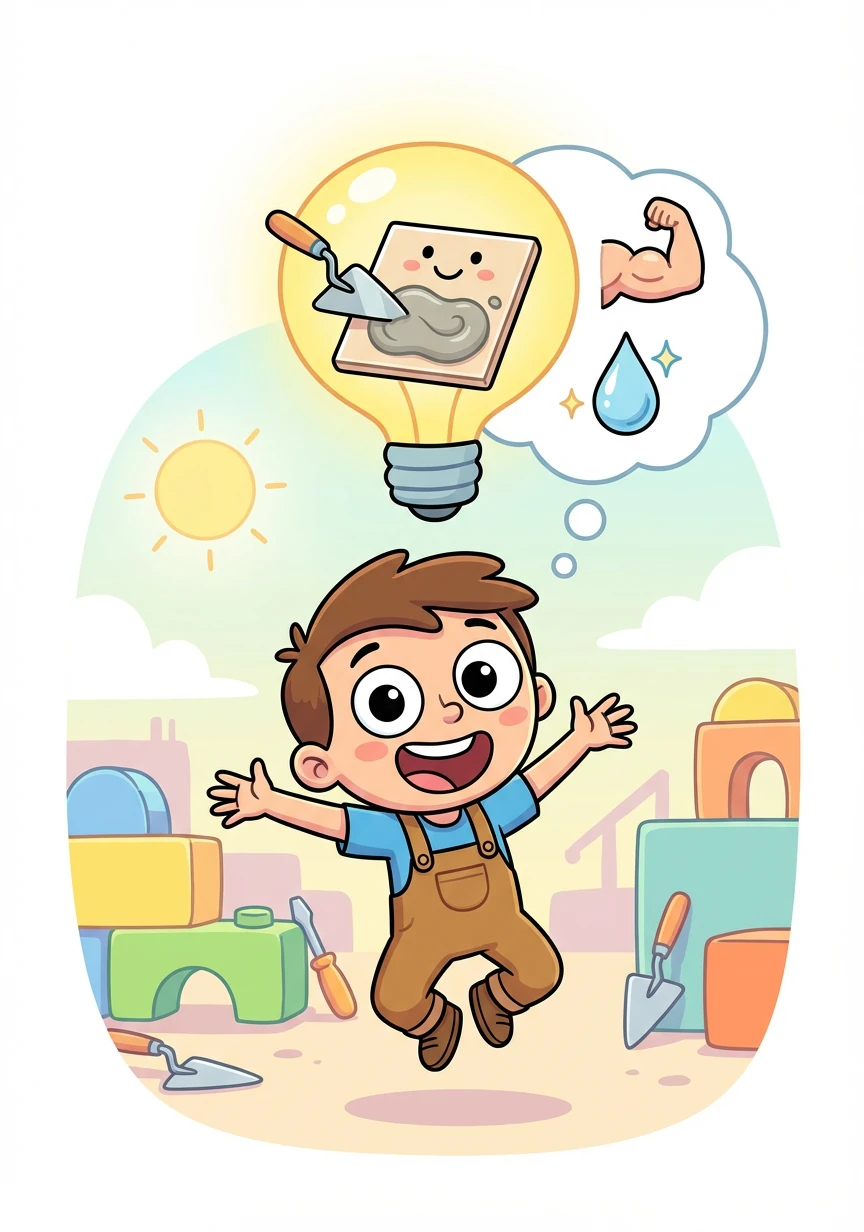 An idea sparked in Tommy's mind! He imagined a faster, stronger, and cleaner tile adhesive that would make tiling easy and fun for everyone.