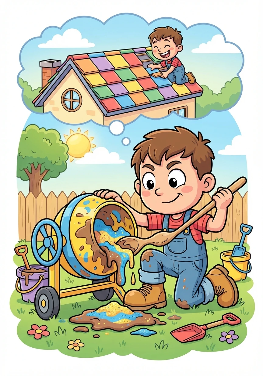 Tommy started experimenting in his backyard, mixing different ingredients in his toy construction set. He dreamed of a future where tiling was quick and efficient.