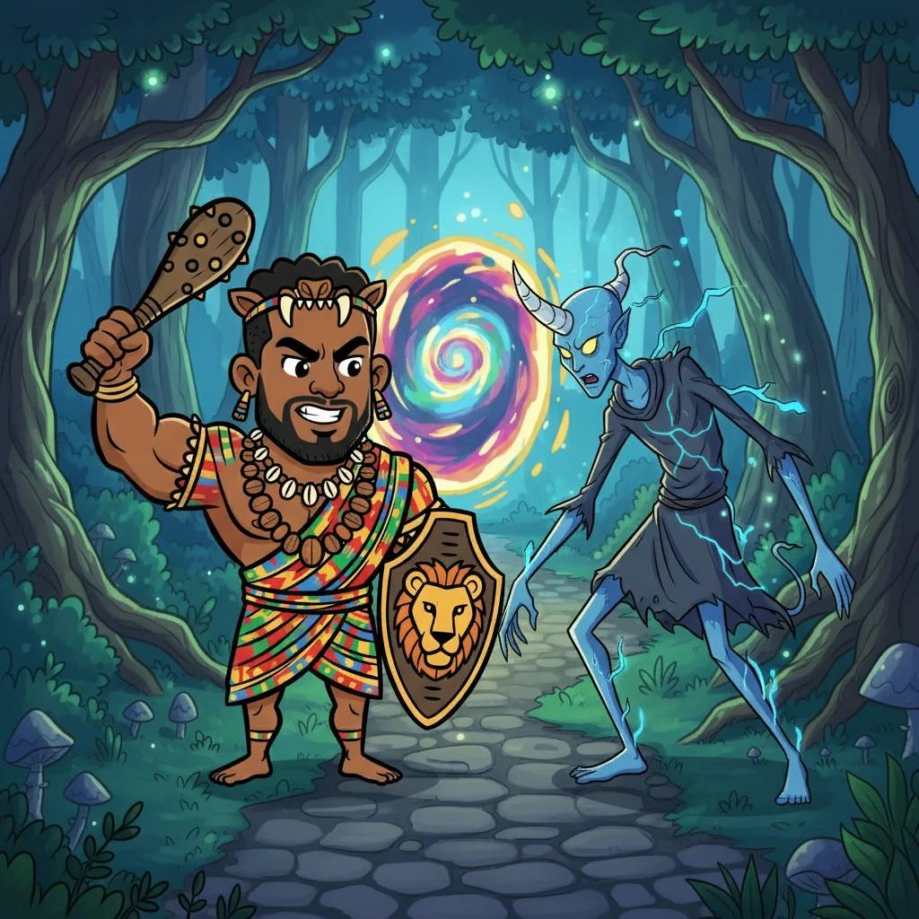 Joromi arrived in the mystical realm and confronted the first spirit with a single horn. A fierce battle ensued. Joromi, with his unmatched strength, swiftly defeated the spirit, marking the first of many victories.