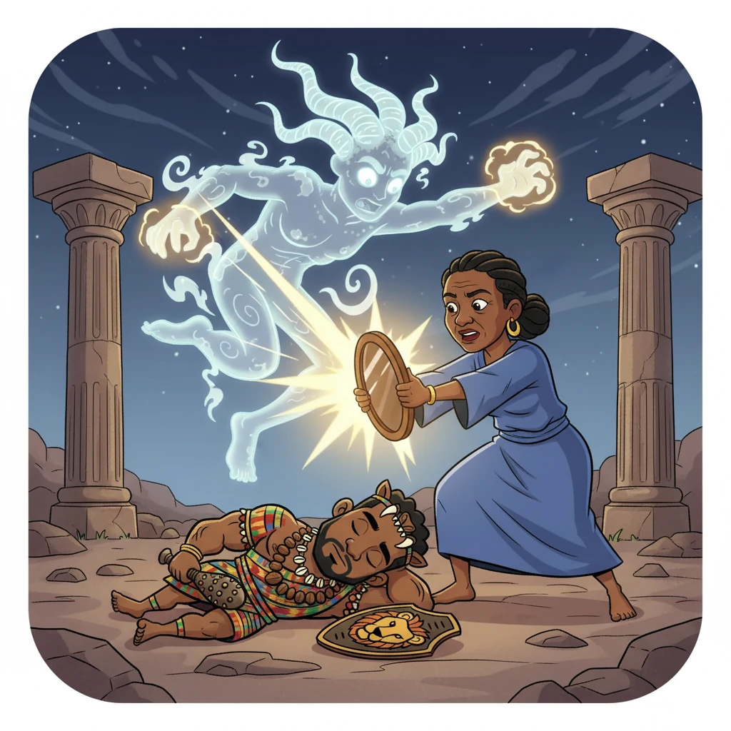 The seventh spirit, with seven horns, overpowered Joromi, leaving him defeated. As the victorious spirit prepared to obliterate Joromi's existence, the grieving mother sprang into action. The mother's love and quick thinking saved the day.