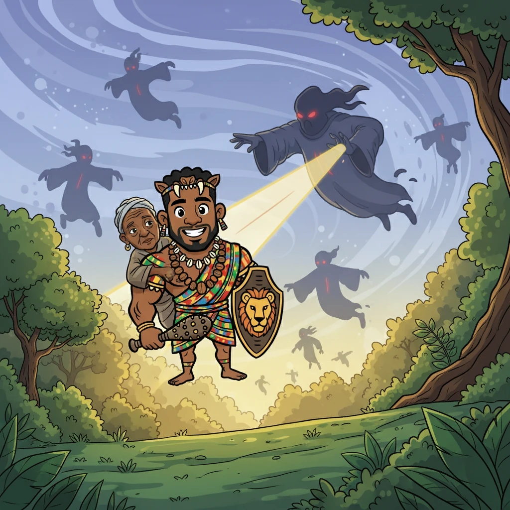 Joromi, now revived by his mother, fled the spirit land. The furious spirits gave chase. Joromi, carrying his mother, leaped to safety. A final blow from the seventh spirit left a lasting mark – a line on the backs of all humans.