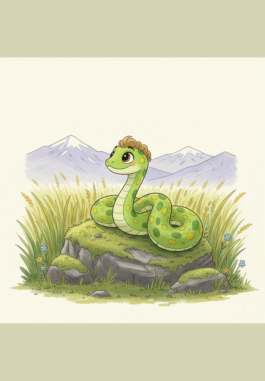 Pip, a bright green snake with friendly yellow spots, curls up on a warm, mossy rock in the heart of the Whispering Woods. He gazes at the distant mountains, dreaming of a grand adventure beyond the familiar tall grass.
