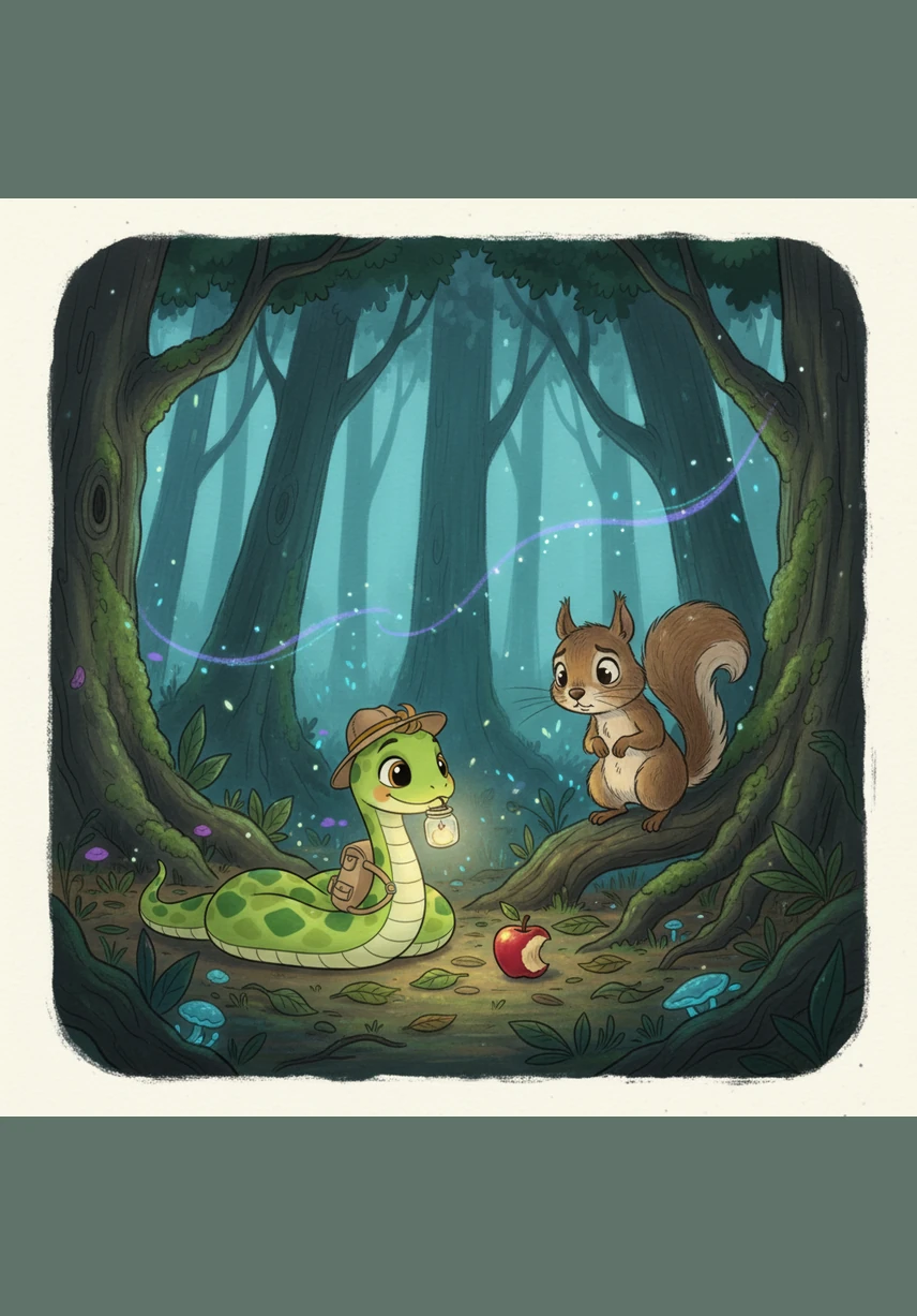 Along the way, Pip encounters a shy squirrel named Squeaky who is afraid of the deep shadows under the old oak tree. Pip offers a warm smile and a shimmering pebble, showing that even a snake can be a kind and gentle friend.