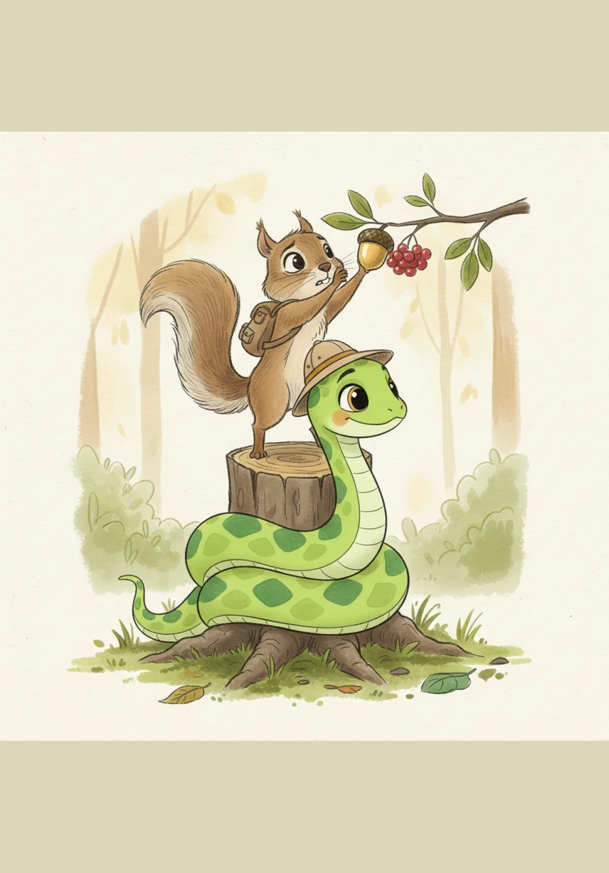 The duo reaches a bubbling brook that blocks their path, its water rushing over smooth, colorful stones. Pip cleverly stretches his long, flexible body across the water, creating a safe living bridge for Squeaky to scurry across.