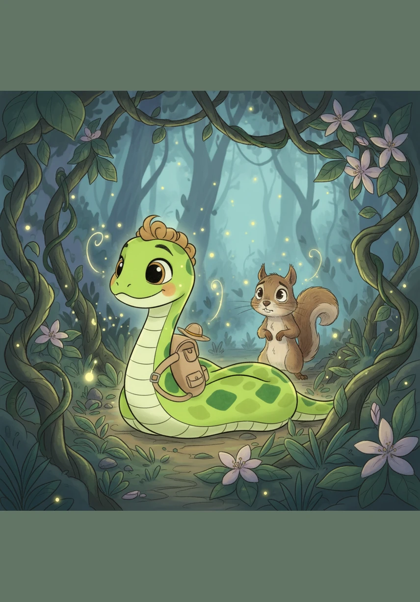 They enter the Enchanted Thicket, where the air is filled with glowing fireflies and the scent of wild jasmine. Pip’s vibrant scales catch the soft light, guiding them through the magical, twilight-lit maze of vines.