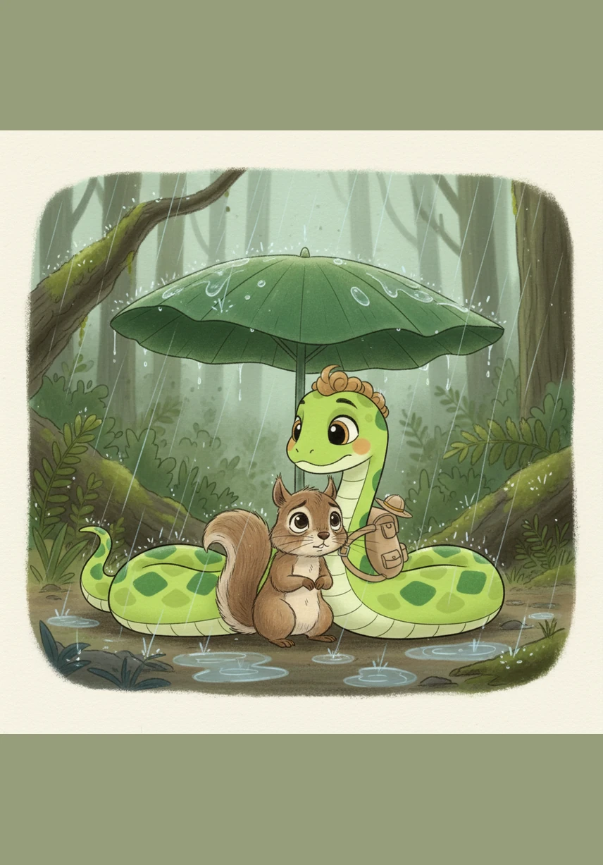 A sudden summer rain begins to fall, but Pip finds a giant mushroom to serve as a natural umbrella for his friend. They huddle together, listening to the rhythmic pitter-patter of raindrops against the forest floor.