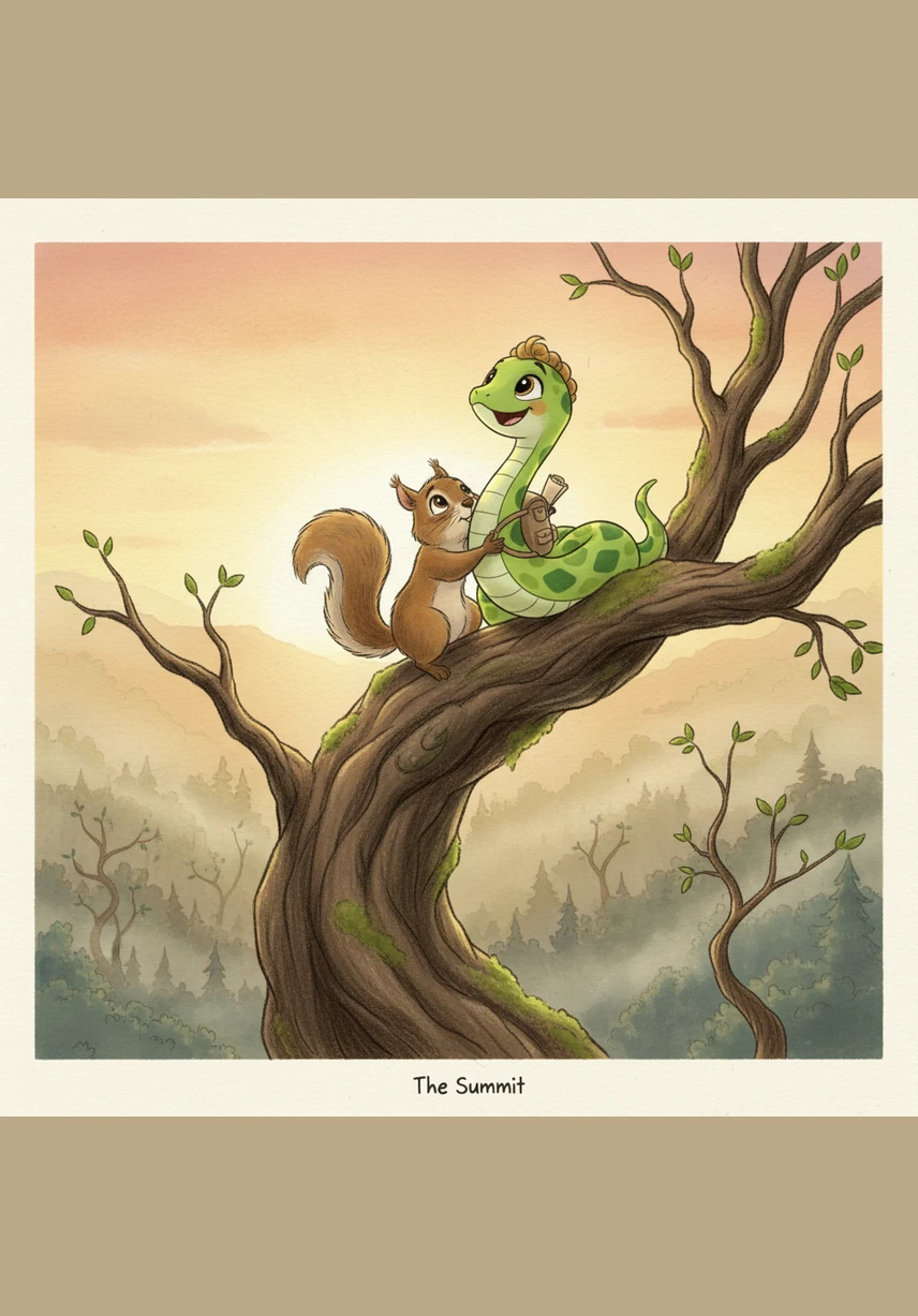 As the clouds clear, they reach the summit of the Emerald Hill and behold the breathtaking sight of the Great Blue Lake. The water stretches out like a vast sapphire, reflecting the golden hues of the setting sun.