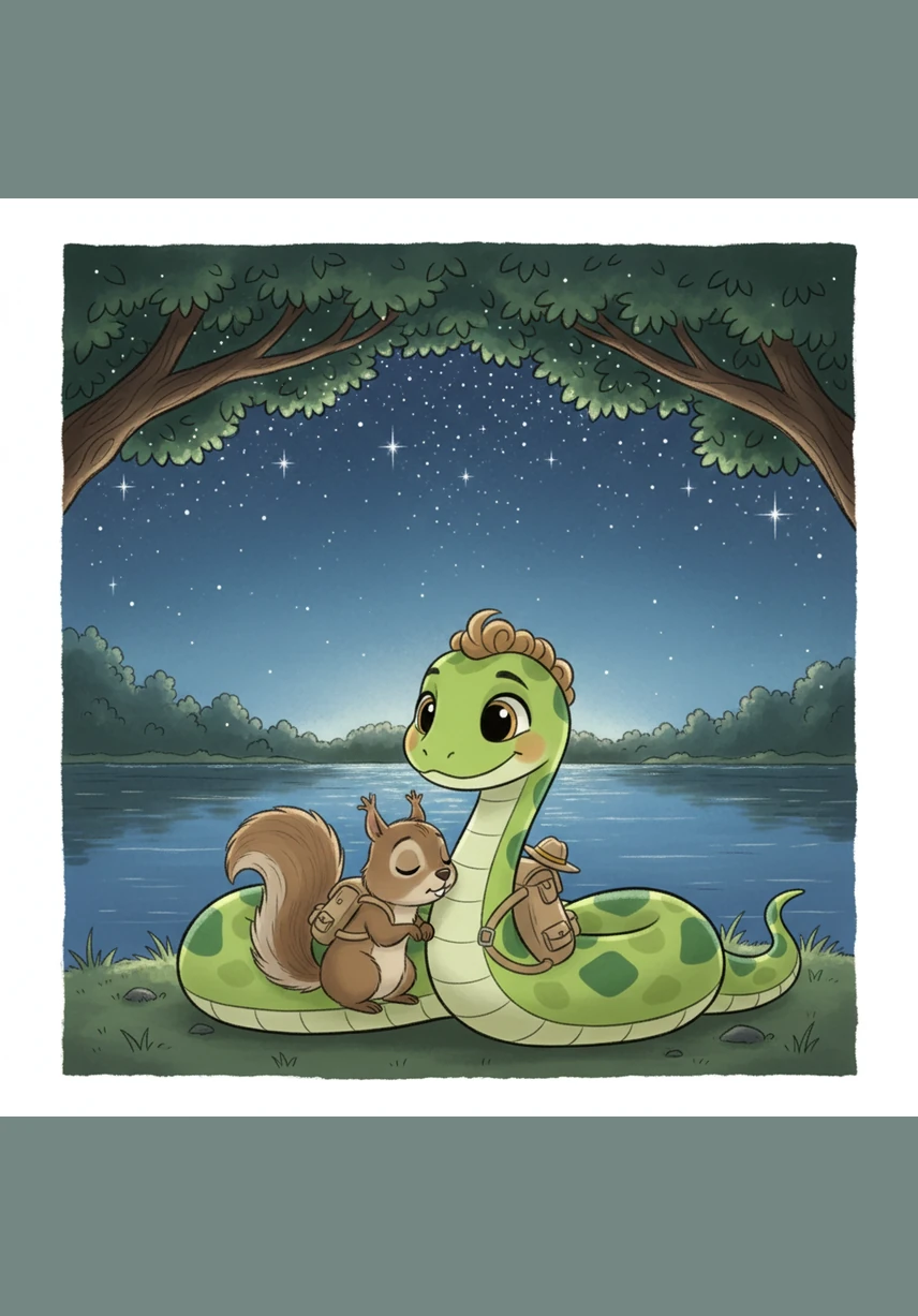 Resting by the lakeshore under a canopy of twinkling stars, Pip realizes that the best part of an adventure is the friends you make along the way. He curls up contentedly, ready for whatever wonders tomorrow might bring.