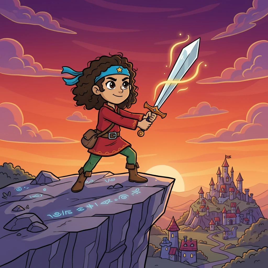 Aella, a young warrior, stood on the precipice of a vast kingdom. Her armor shimmered with intricate runes, glowing faintly in the twilight. She held a legendary sword, its blade humming with untold power, as the fiery sunset painted the sky.