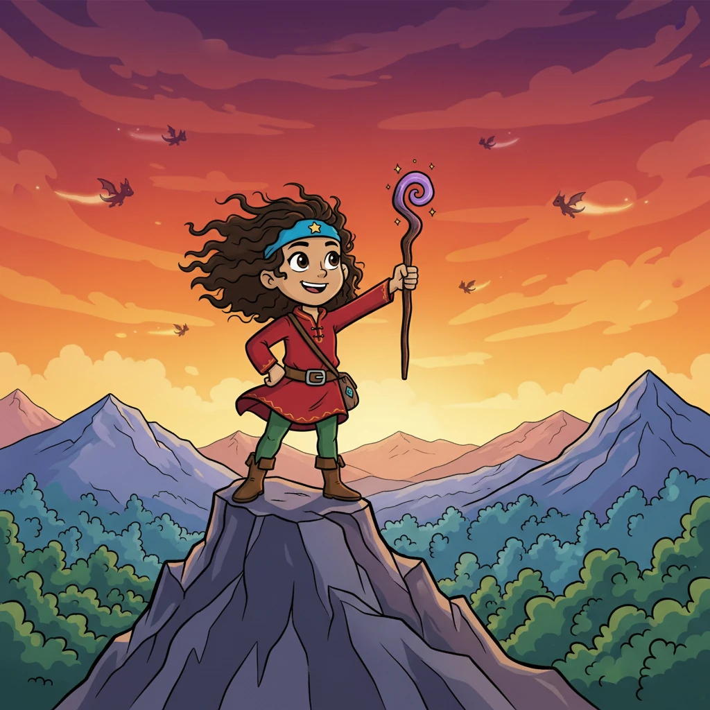 The wind whipped through Aella's hair as she gazed upon the land below. Towering mountains and dense forests stretched as far as the eye could see. Tiny, winged creatures danced in the fiery sky, adding a touch of magic to the already breathtaking vista.