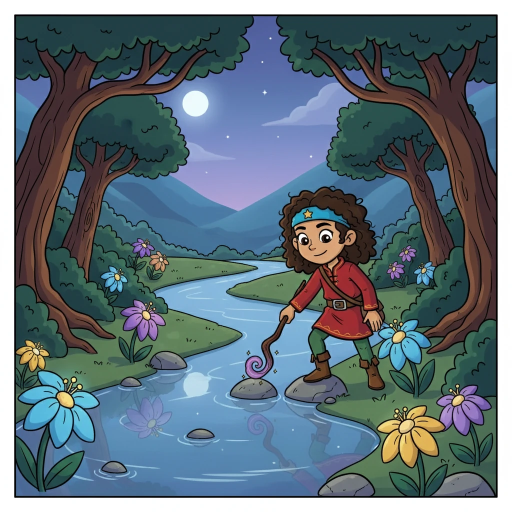 She reached a hidden valley, where a crystal-clear river snaked through ancient trees. Strange, glowing flowers bloomed in the twilight, their petals shimmering with an ethereal light. Aella felt a sense of peace, yet knew her quest was far from over.