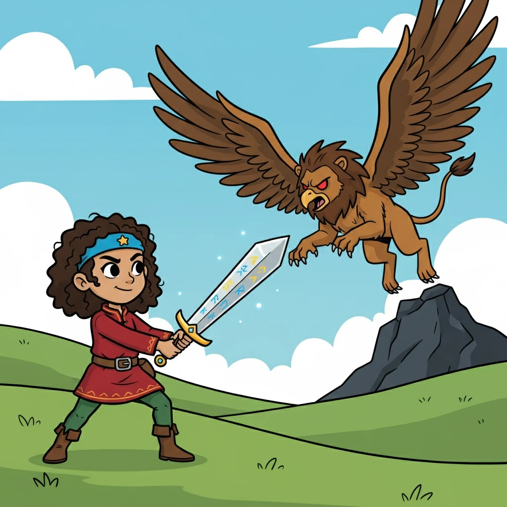 Suddenly, a monstrous griffin swooped down from the sky, its eyes burning with malice. Aella raised her sword, the runes on her armor flaring brightly. She was ready to defend herself.