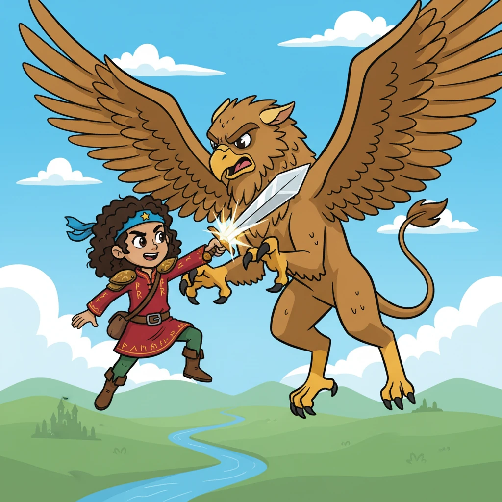 The battle was fierce. Aella fought with skill and determination, her sword flashing against the griffin's talons. The runes on her armor amplified her strength, allowing her to withstand the creature's attacks.