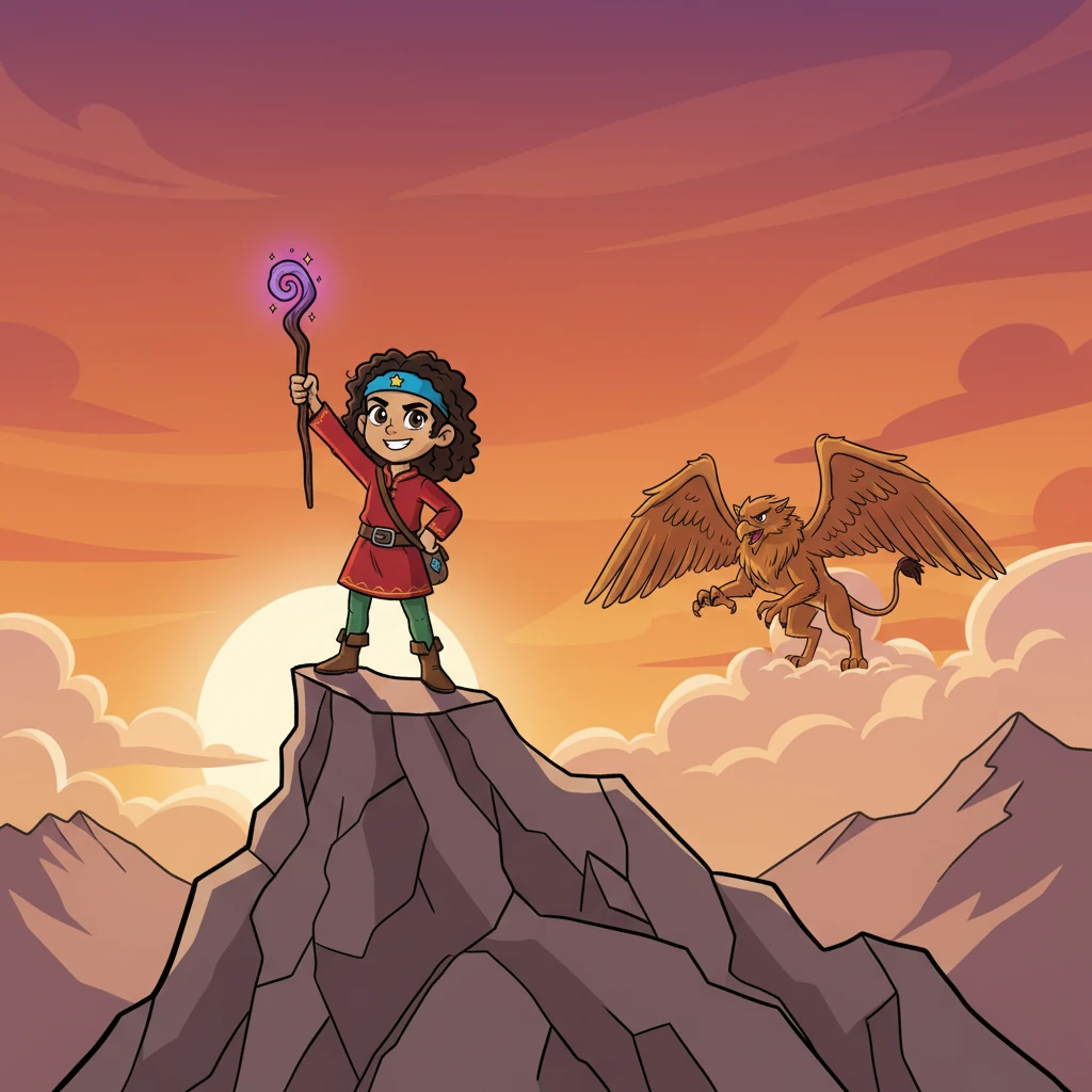 With a final, mighty blow, Aella struck the griffin, forcing it to retreat. Exhausted but victorious, she stood tall, the setting sun casting a long shadow behind her.