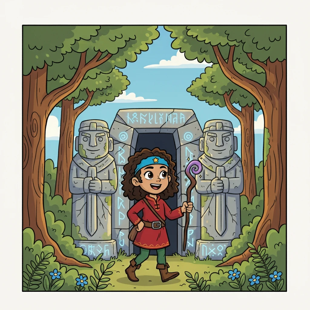 Following the whispers of the runes, Aella discovered an ancient temple hidden within the forest. The entrance was guarded by two stone statues, their faces weathered by time.