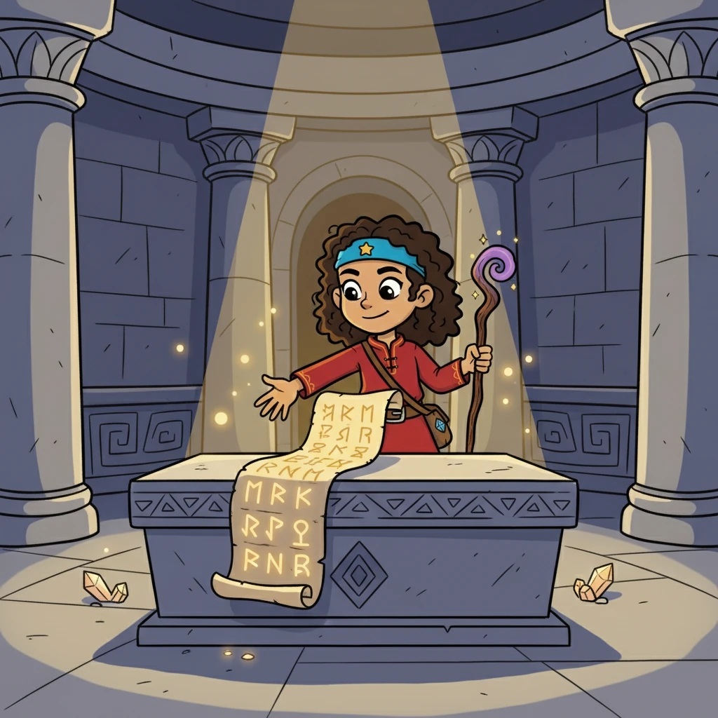 Inside the temple, Aella found a glowing altar. On it rested a scroll, covered in the same runes that adorned her armor. She knew this held the key to saving her kingdom.