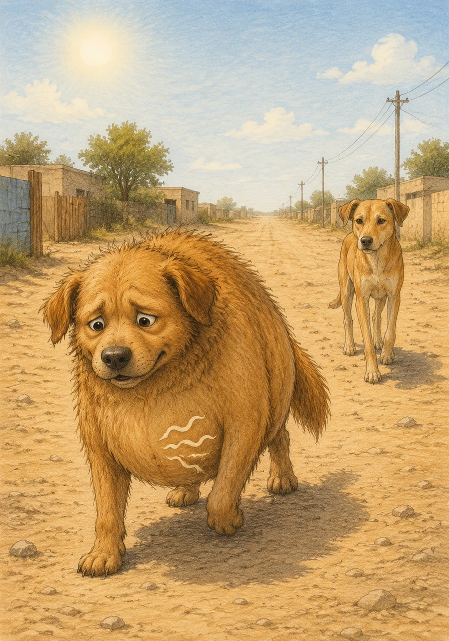 Brownie is a scruffy, golden-brown dog walking down a long, dusty road under the hot afternoon sun. His stomach rumbles loudly as he searches for something to eat, feeling more tired and hungry with every step he takes.