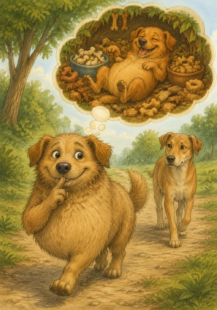 As he trots along, Brownie whispers to himself, dreaming of finding a secret place filled with his favorite treats. He imagines a hidden spot where he can eat until he is finally satisfied and happy.
