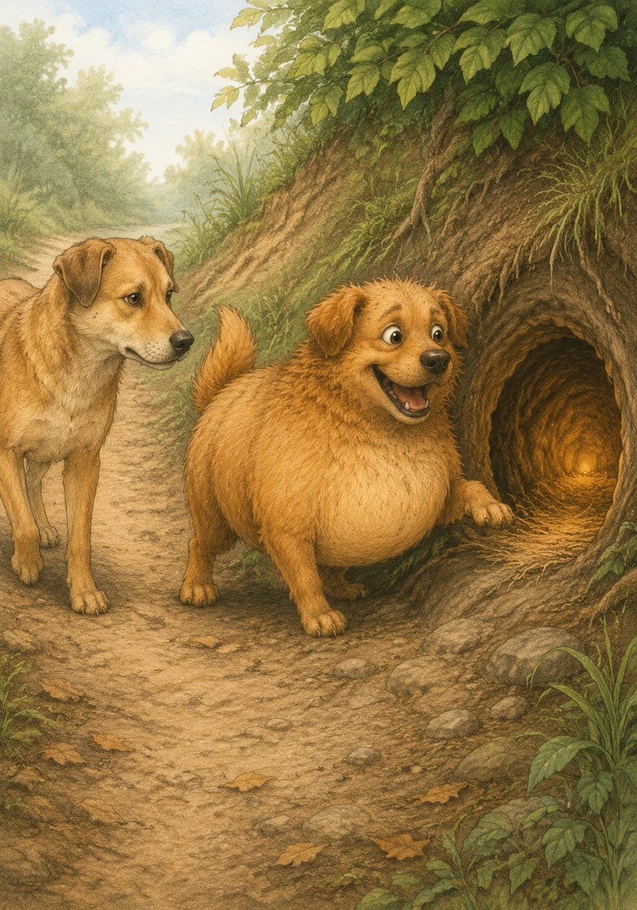 At the very end of the road, Brownie spots a small, inviting opening leading into a cozy-looking burrow. His eyes light up with excitement as he realizes it might be the answer to his hungry prayers.