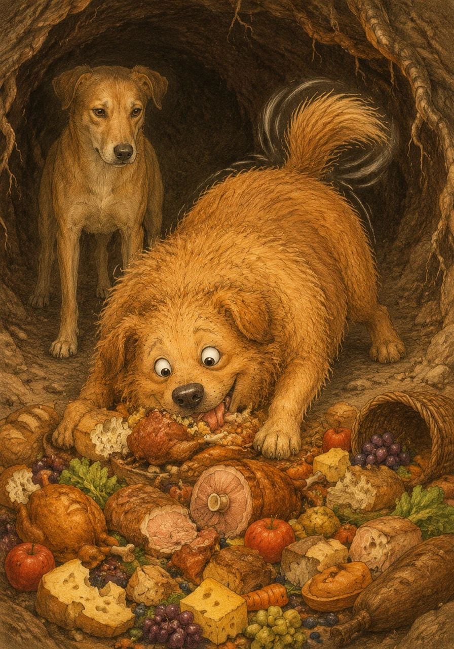 Inside the burrow, Brownie discovers a mountain of delicious food left behind by travelers. Without a second thought, he dives into the feast, wagging his tail wildly as he enjoys the unexpected treasure.