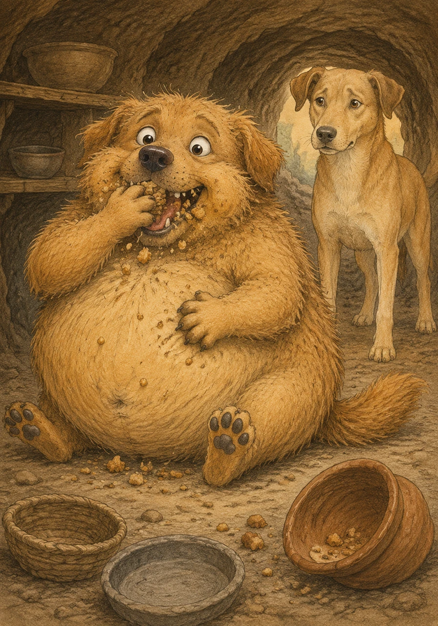 Even after his hunger is completely gone, Brownie continues to gulp down every last morsel he can find. He ignores the feeling of being full and greedily eats everything until the burrow is totally empty.