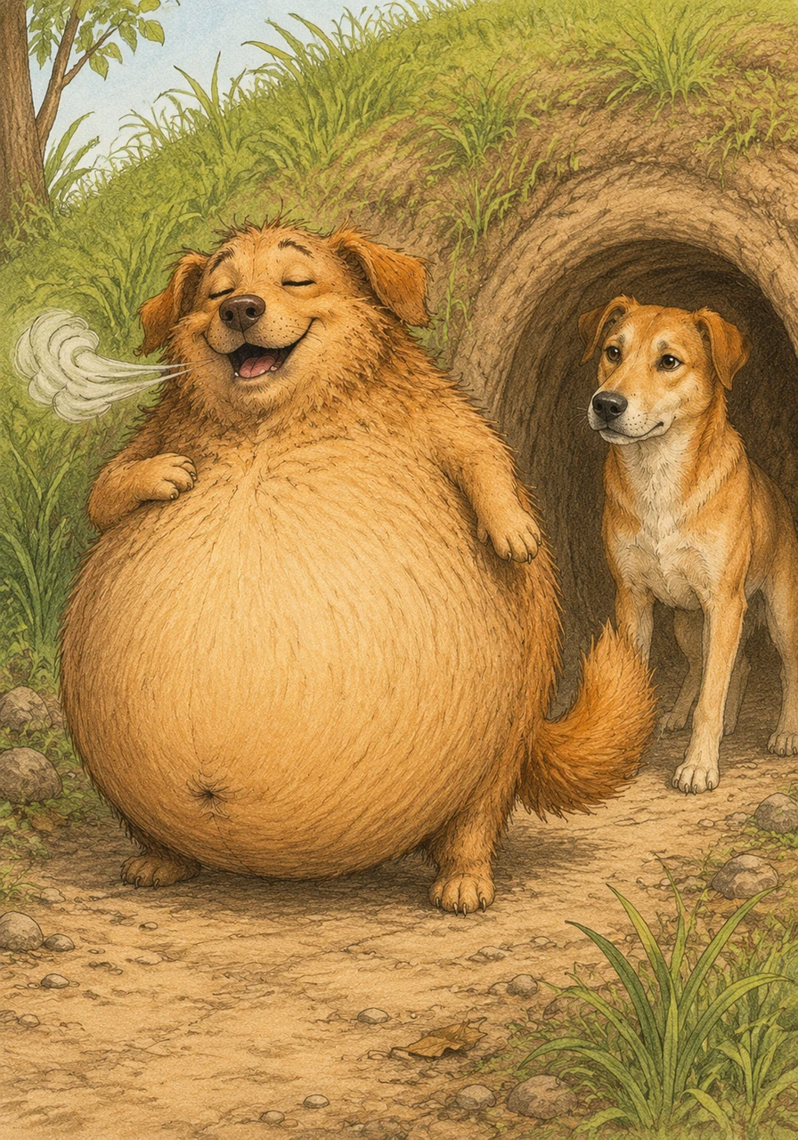 Brownie’s belly has grown so large and round that it looks like a giant balloon about to pop. He lets out a loud, satisfied burp and decides it is finally time to wiggle back out and head home.