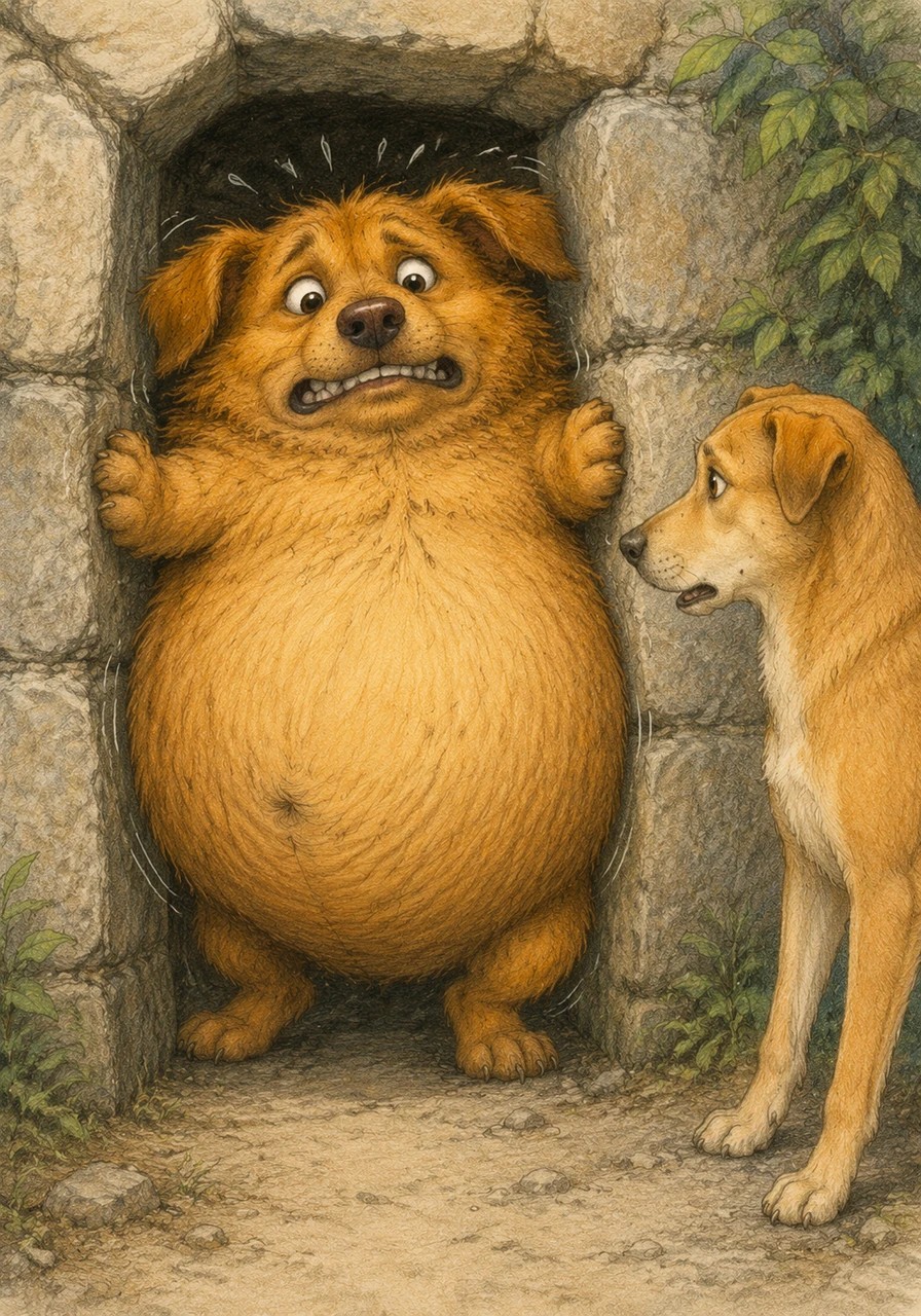 When Brownie reaches the narrow entrance, he realizes with a shock that he is now too wide to fit through the opening. He pushes and squeezes with all his might, but his big tummy keeps him stuck tight in the doorway.