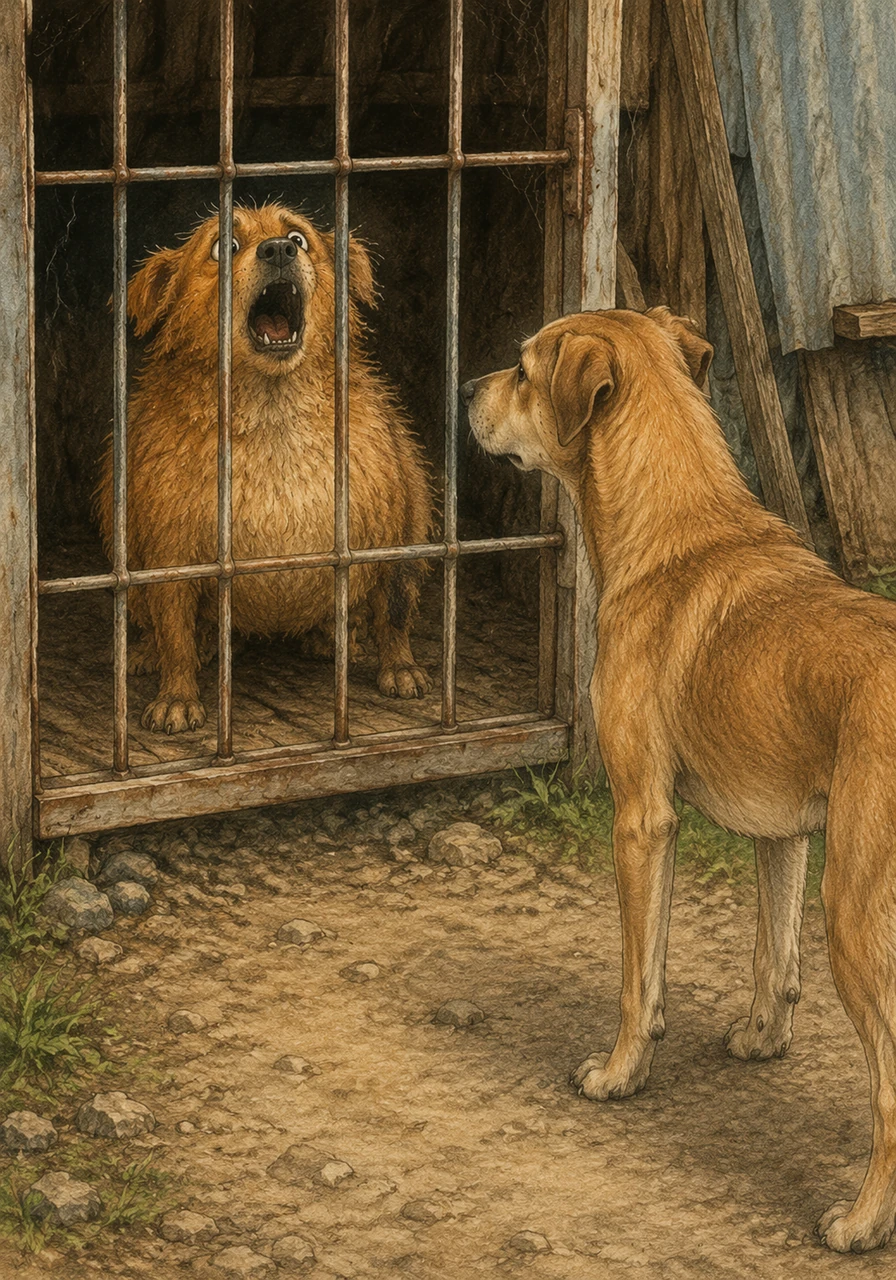 Feeling scared and trapped, Brownie begins to howl and bark loudly, hoping someone will hear his cries for help. A passing dog hears the noise and stops by the entrance to see what the commotion is about.