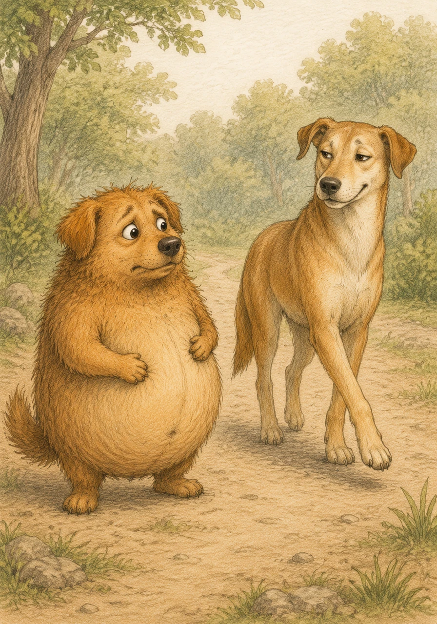 The wise passing dog looks at Brownie’s round belly and explains that he must simply wait for his stomach to shrink. He gives Brownie a knowing look about being too greedy and walks away, leaving him to wait patiently.