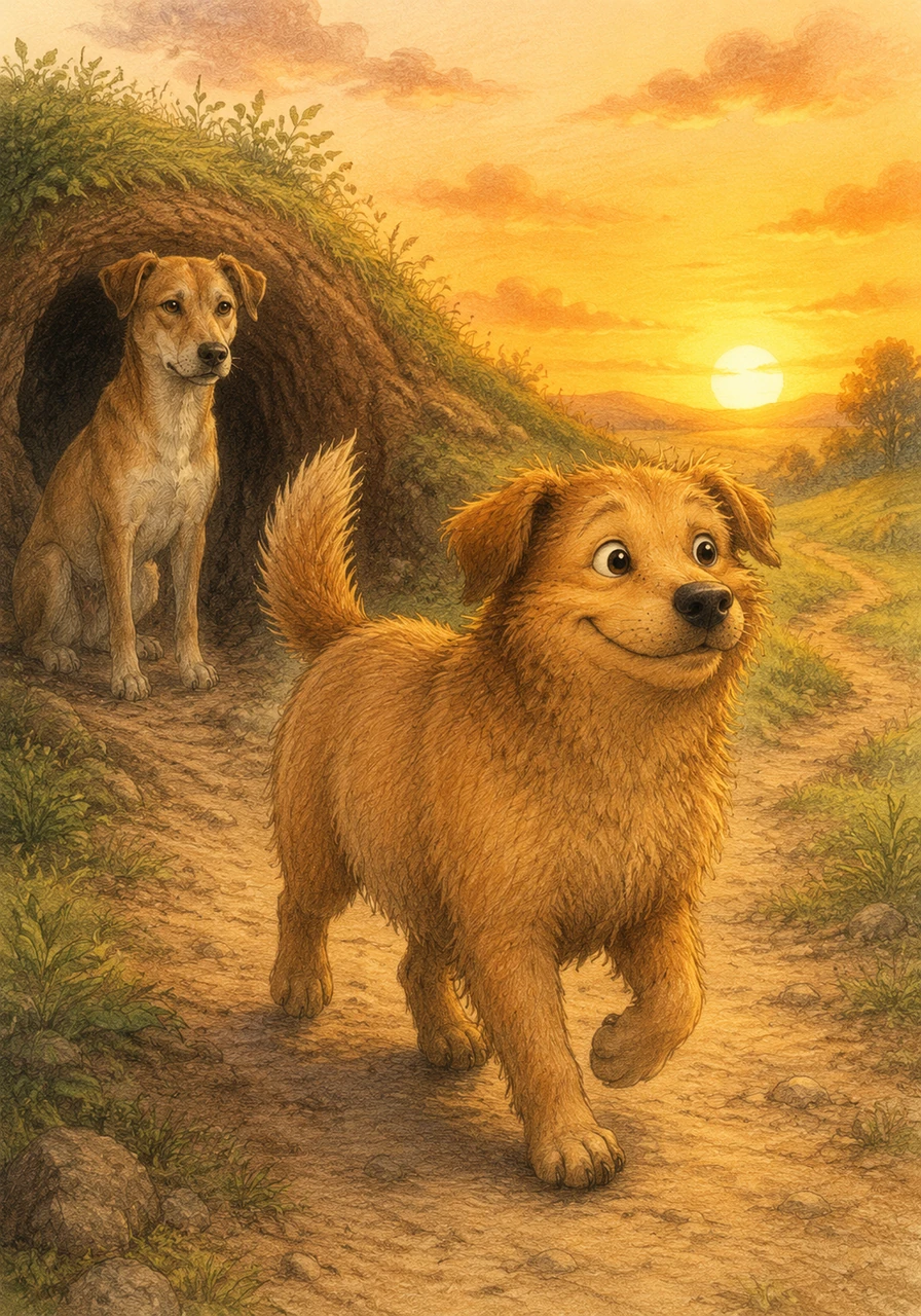 After many hours of waiting, Brownie’s stomach finally returns to its normal size, allowing him to easily squeeze out of the burrow. He trots away into the sunset, promising himself never to take more than he needs again.