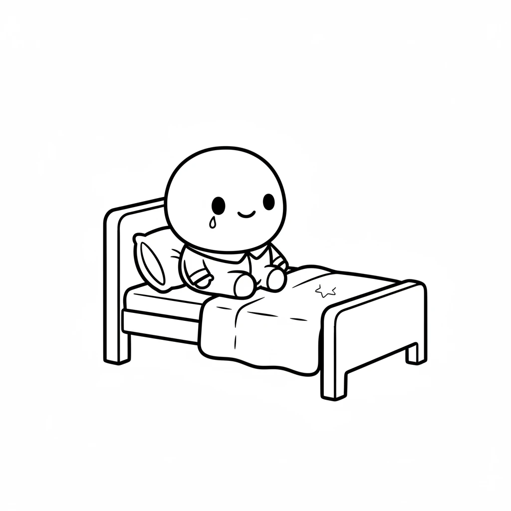 Pip, a small, round creature with two dots for eyes and a curved smile, sits on his simple bed. A single tear rolls down his cheek because his favorite sparkly star is missing from his side. The bed is a simple rectangle with a curved blanket.