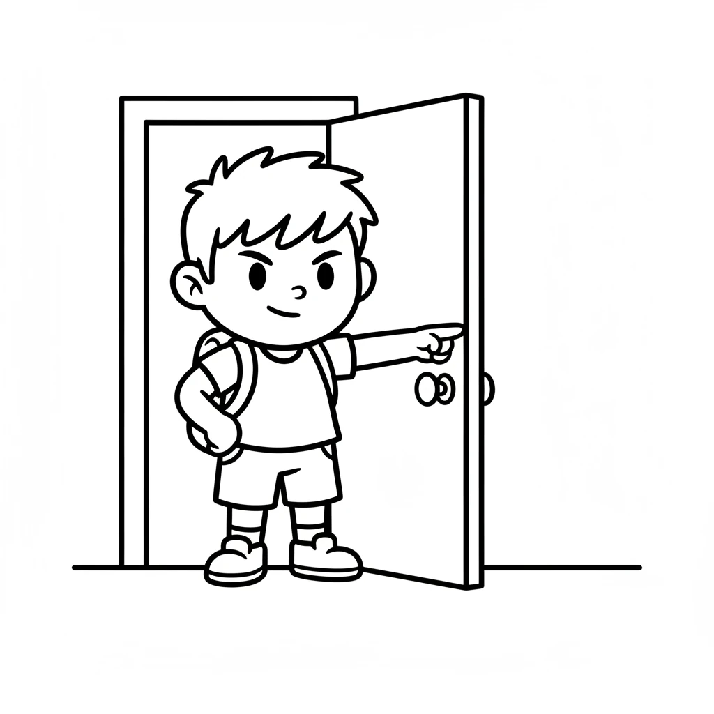 Pip stands bravely at his doorway, a determined look on his face. He points one arm forward, ready to begin his search for the lost star. The door is a simple rectangle with a round doorknob.