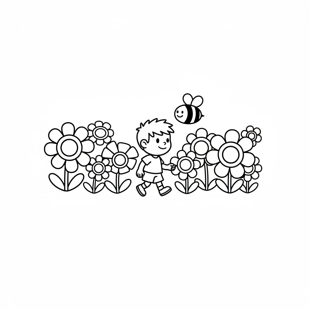 Pip walks through a field of big, round flowers. A friendly bee, made of two simple circles and small wings, buzzes beside him, smiling. The flowers have large, open petals.