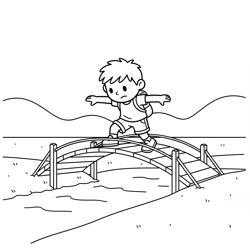 Pip carefully crosses a wobbly, curved bridge made of simple planks. Below him, a wavy line represents a gentle stream. He holds his arms out for balance.
