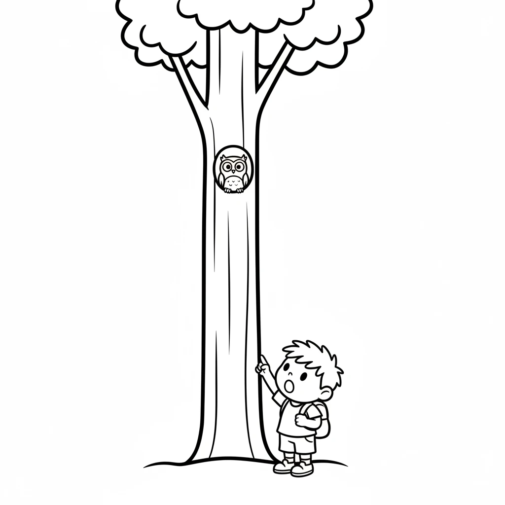 Pip looks up at a very tall tree, which is just a straight trunk and a few rounded leaves. An owl with big, round eyes peeks out from a hole in the tree.
