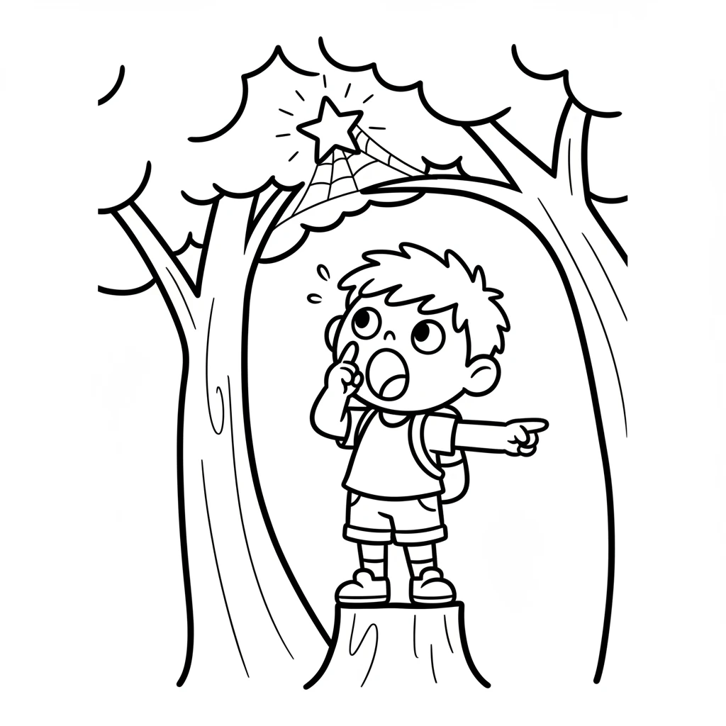 Pip gasps! High up in a tree branch, tangled in a simple spiderweb, is his sparkly star. The star is five simple points. The web is a few connecting lines.