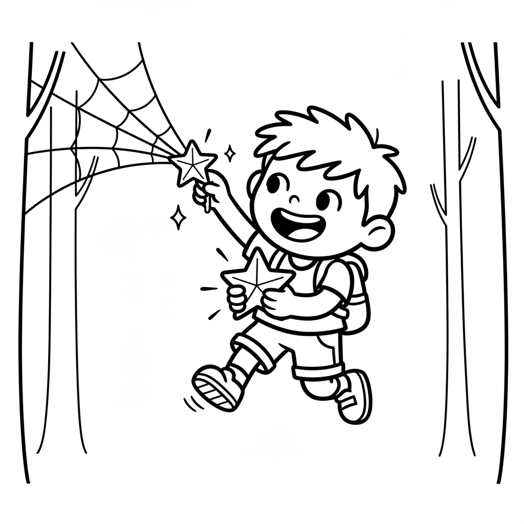 With a little jump, Pip carefully reaches up and gently pulls his sparkly star free from the web. He holds it close, a big smile on his face.