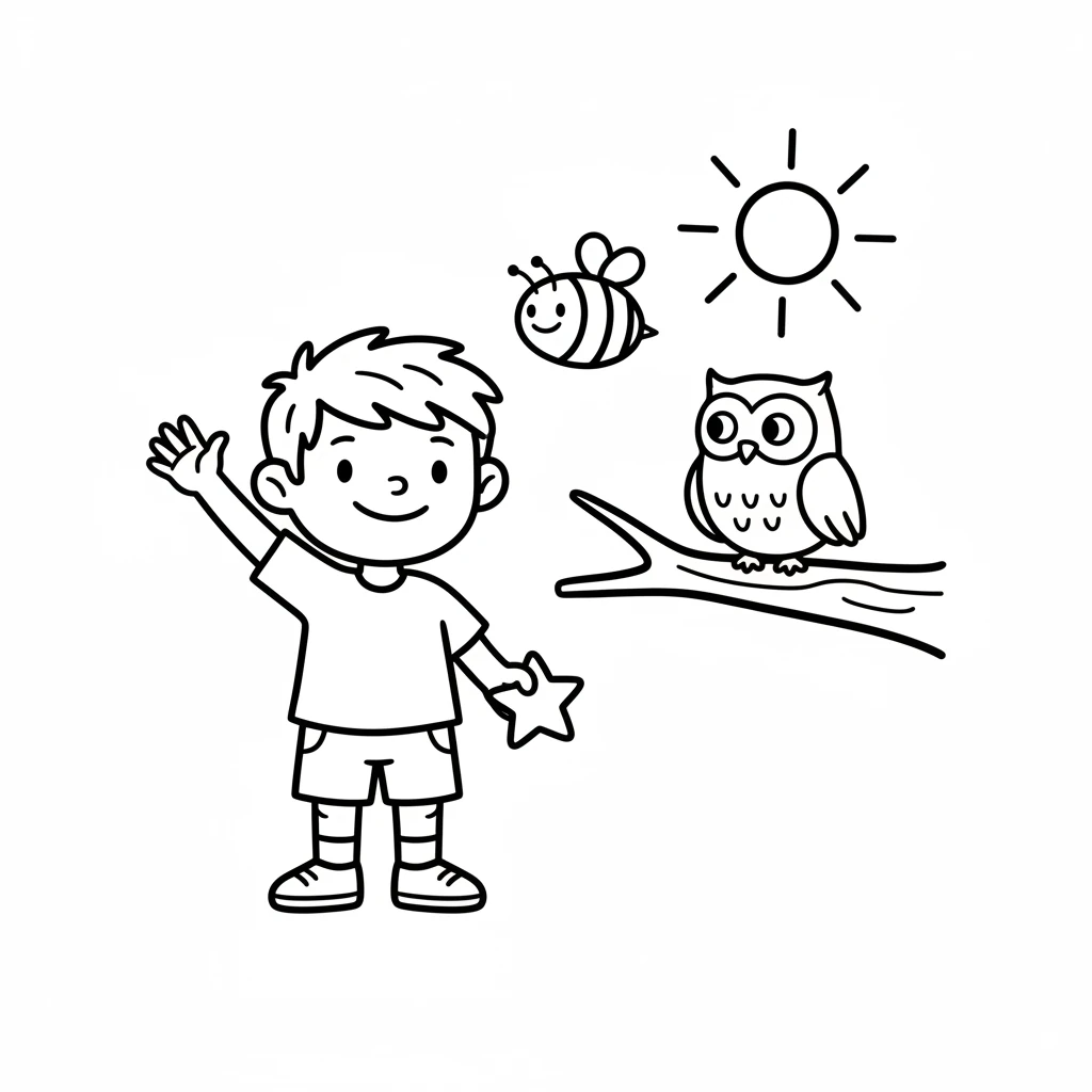 Pip waves goodbye to the friendly bee and the wise owl, who are both smiling back at him. He holds his star proudly. The sun is a simple circle with rays.