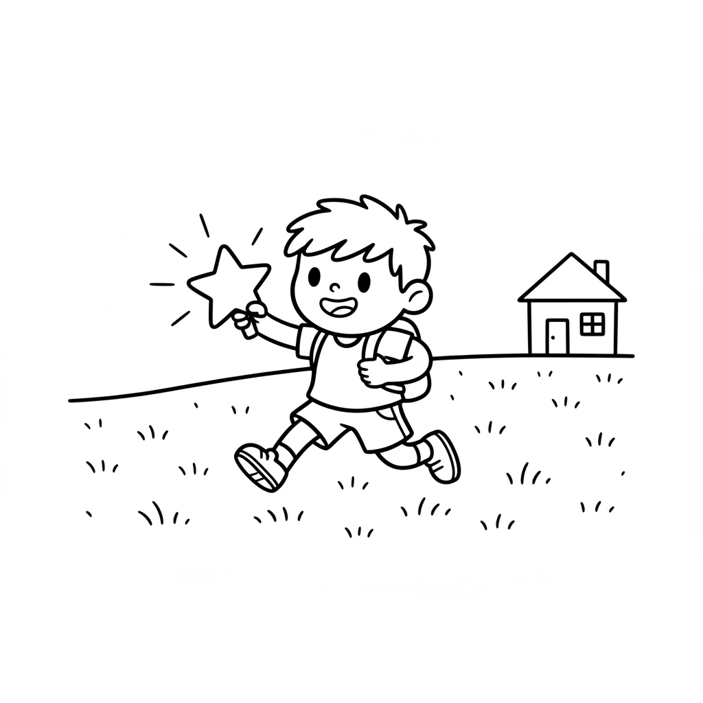 Pip skips happily across the grass, his sparkly star clutched in his hand. He is almost home, the outline of his house visible in the distance.